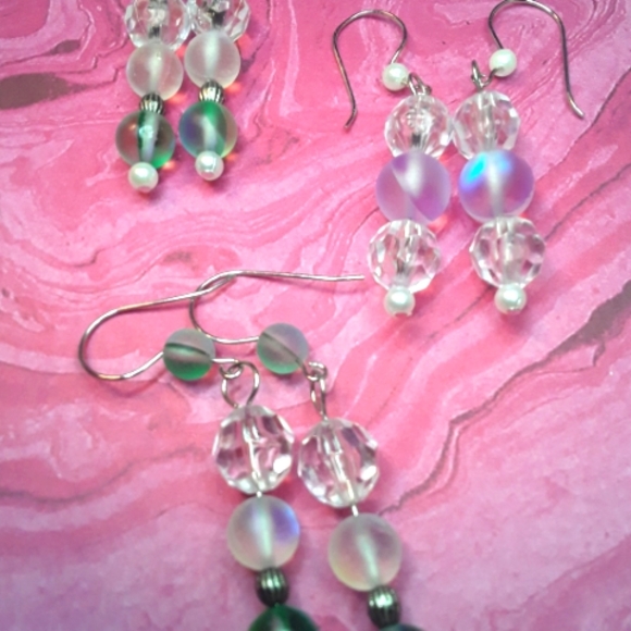 Set of Dangle Long Earrings Clear,Green and Pink Lot of 3, Earrings ♡ - Picture 4 of 12